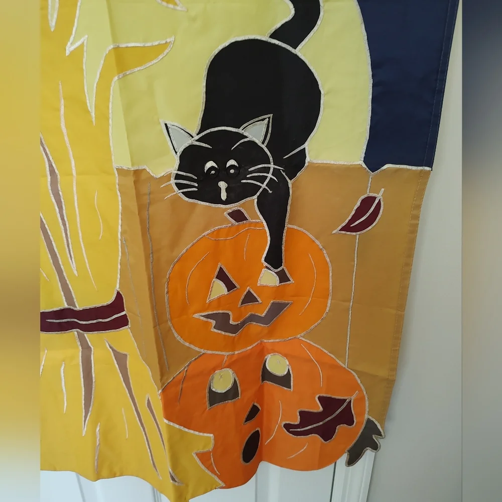 Harvest Moon Black Cat Pumpkin Halloween Yard Flag Navy Blue